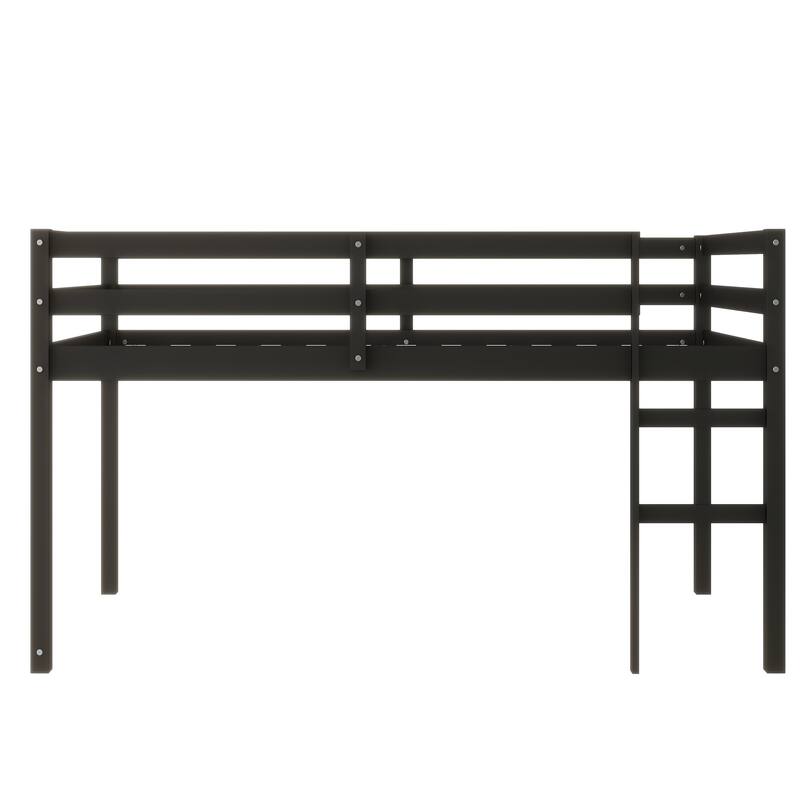 Black Twin Loft Bed with Ladder, Strengthened Slats, Rubber Wood and Plywood