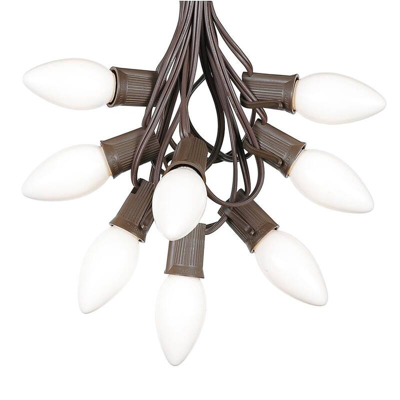 100 Foot C9 Ceramic Christmas Light Set, Hanging String Lights, Brown Wire - White