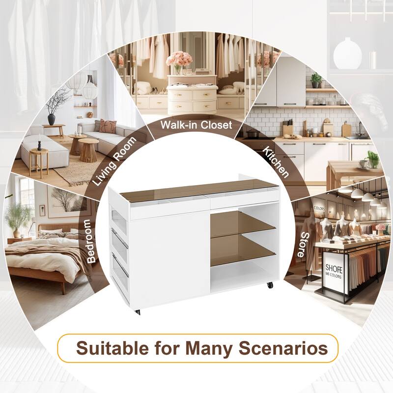 Roomfitters Multi-Functional Storage Island Vanity Console with Glass Display Shelves and Reversible Top, White