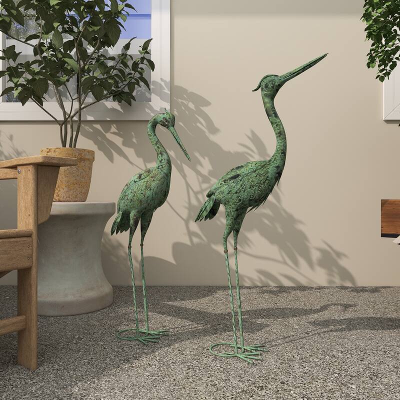 Metal Crane Indoor Outdoor Decorative Garden Sculpture with Coiled U Shaped Feet - Set of 2 Green - Roche River Decor