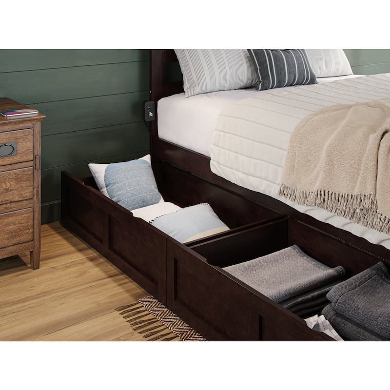 Full Espresso Wood Platform Bed with Two Storage Drawers and Turbo Charger for Convenient Bedroom Storage