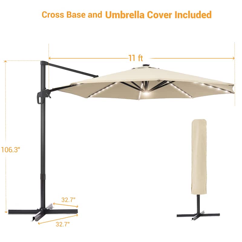 LIVOOSUN 11FT LED Patio Cantilever Umbrella w/Cross Base