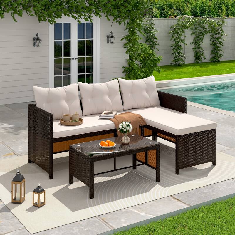EROMMY 3-Piece Outdoor Patio Furniture Set, All-Weather PE Rattan Sofa Set with Glass Table & Cushions, Perfect for Balcony