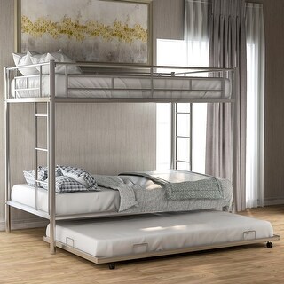 Twin over Twin Size Metal Bunk Bed with Trundle, Ladder and Fence for Bedroom
