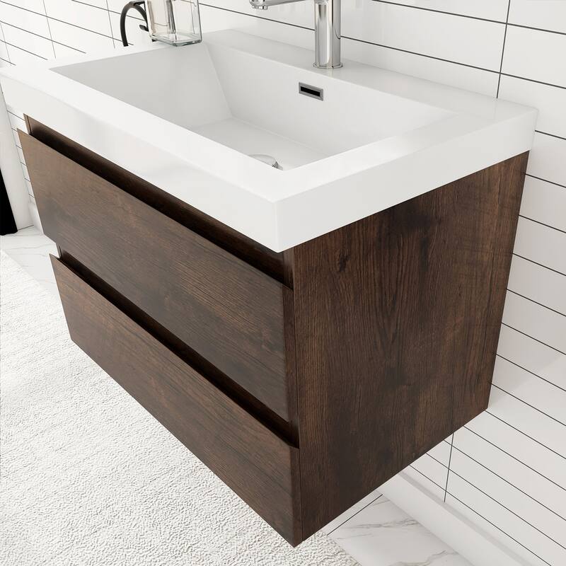 MDF Wall-Mounted Bathroom Vanity Set in Rose Wood with Integrated Culture Marble Sink