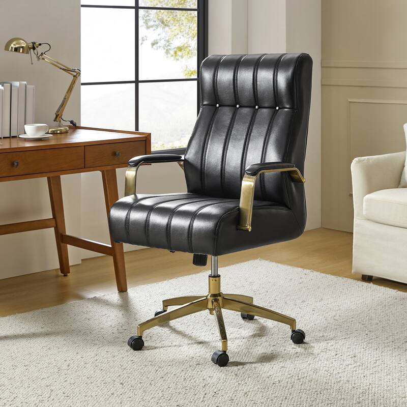 Curtiz Mid-Century Modern Vegan Leather Swivel Tilting Office Chair with Channel Tufted and Metal Feet by HULALA HOME - Black
