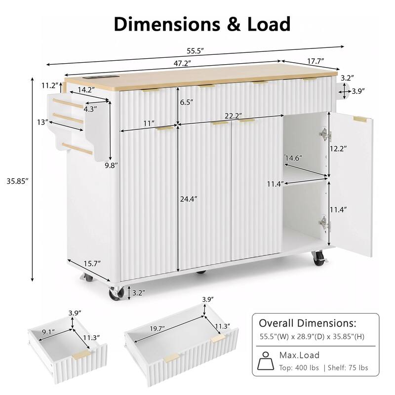 55.5" Fluted Kitchen Island with Foldable Wooden Tabletop, Rolling Island Table with Power Outlet, 3 Drawers for Dining Room