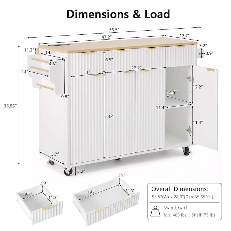 55.5"Fluted Kitchen Island with Storage,with Drop Leaf, Power Outlet, 4 Doors and 3 Drawers, Rolling Island with Wood-grain Top