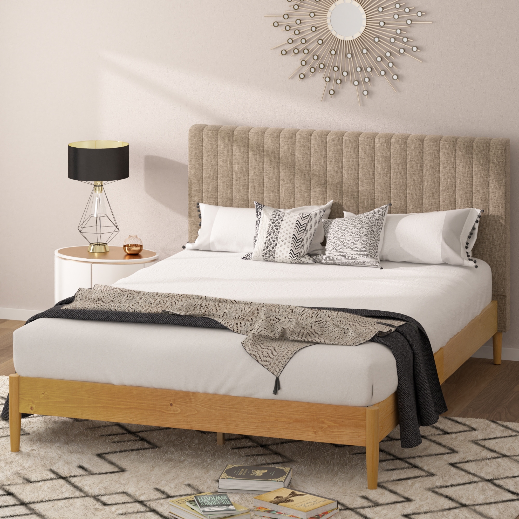 Priage by ZINUS Latte Wood Platform Bed Frame with Upholstered Headboard