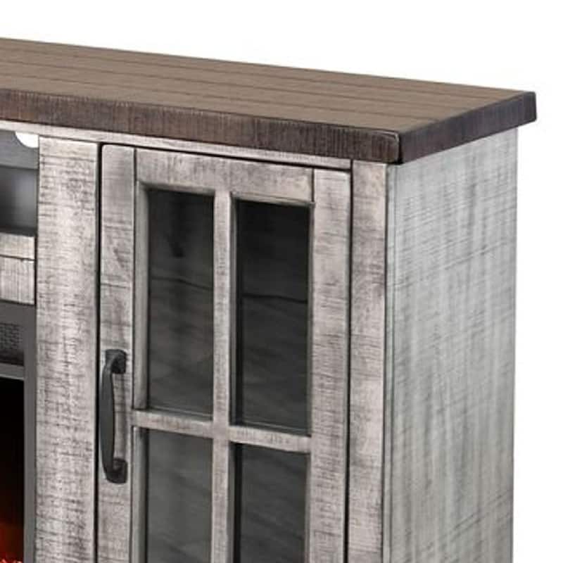 Gery TV Console w Crystal Fireplace, 76 Inch, 2 Cabinets, Gray Brown Mahogany