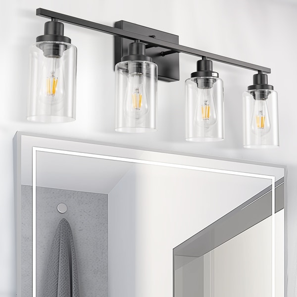 YANSUN 24 in.3 Light Matte Black Vanity Light Modern Industrial Vintage Bathroom Lighting Fixture with Accents and Clear Glass On Sale Bed Bath Beyond 37893610