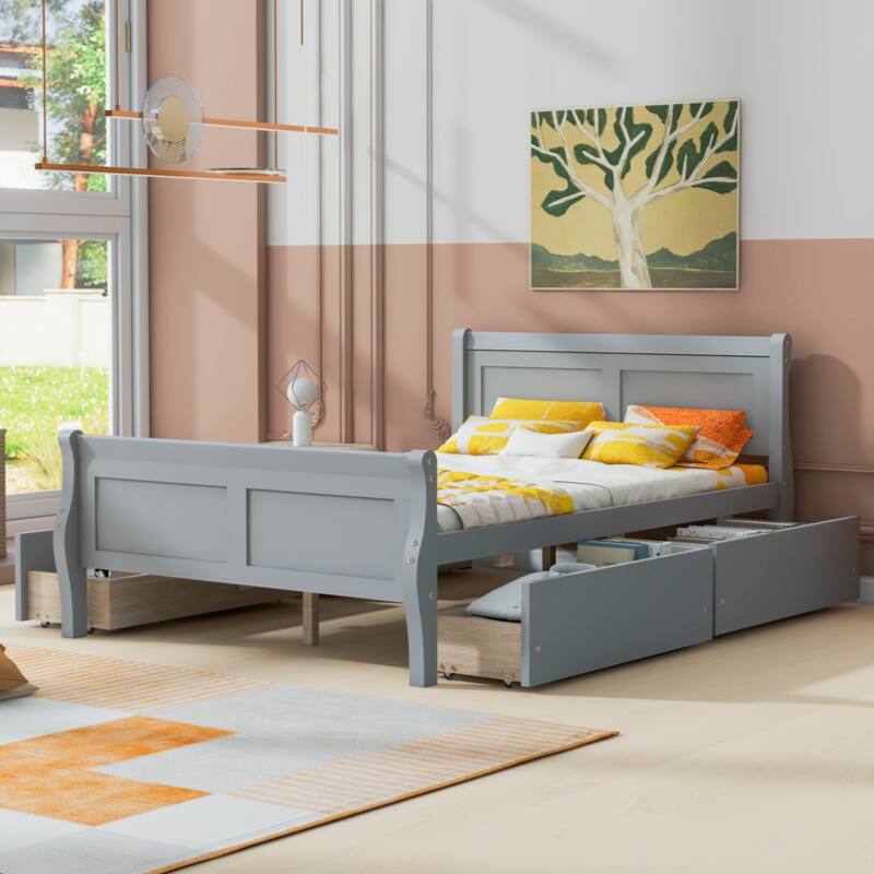 Full Size Wood Platform Bed with 4 Drawers and Streamlined Headboard & Footboard