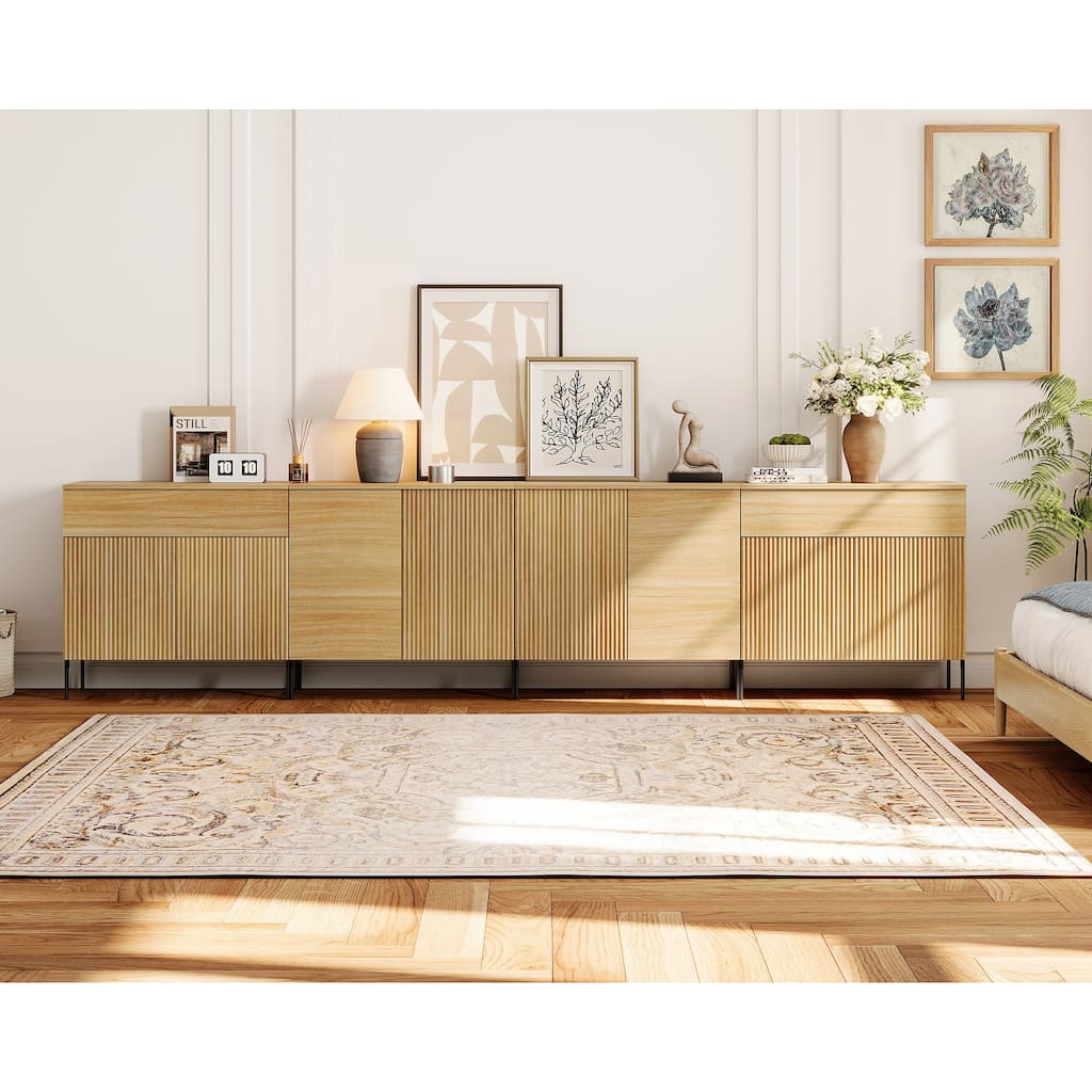 126" Modern Reeded Drawer Dresser Set With Doors, Minimalist Chest Of Drawers With Storage