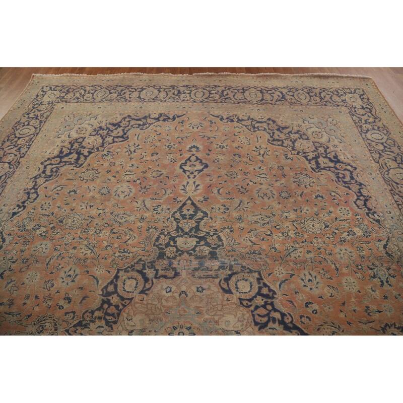 Distressed Kashan Persian Antique Area Rug Handmade Wool Carpet - 9'9" x 13'3"