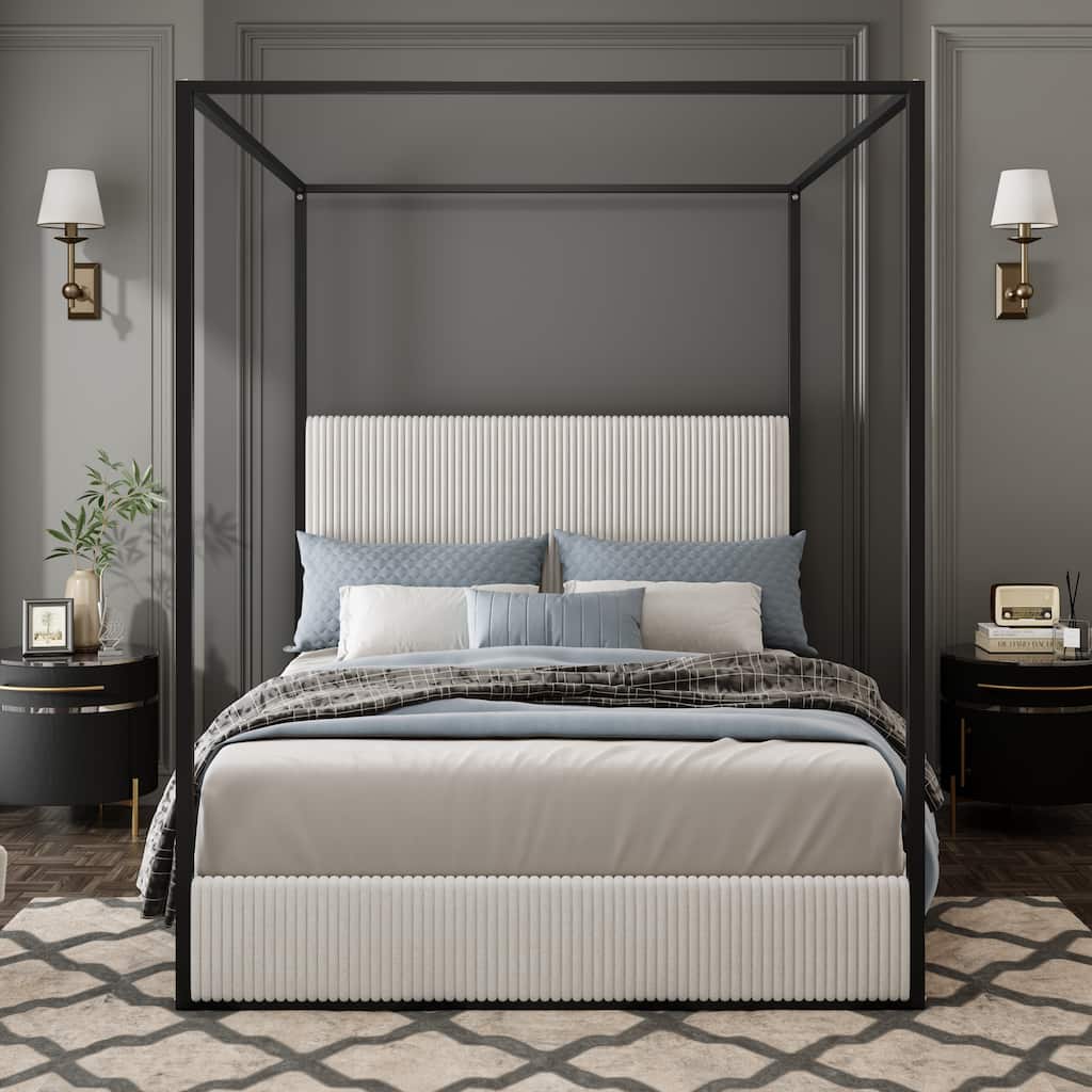 Modern Luxury Metal Canopy Bed with Tall Upholstered Headboard & Four Poster