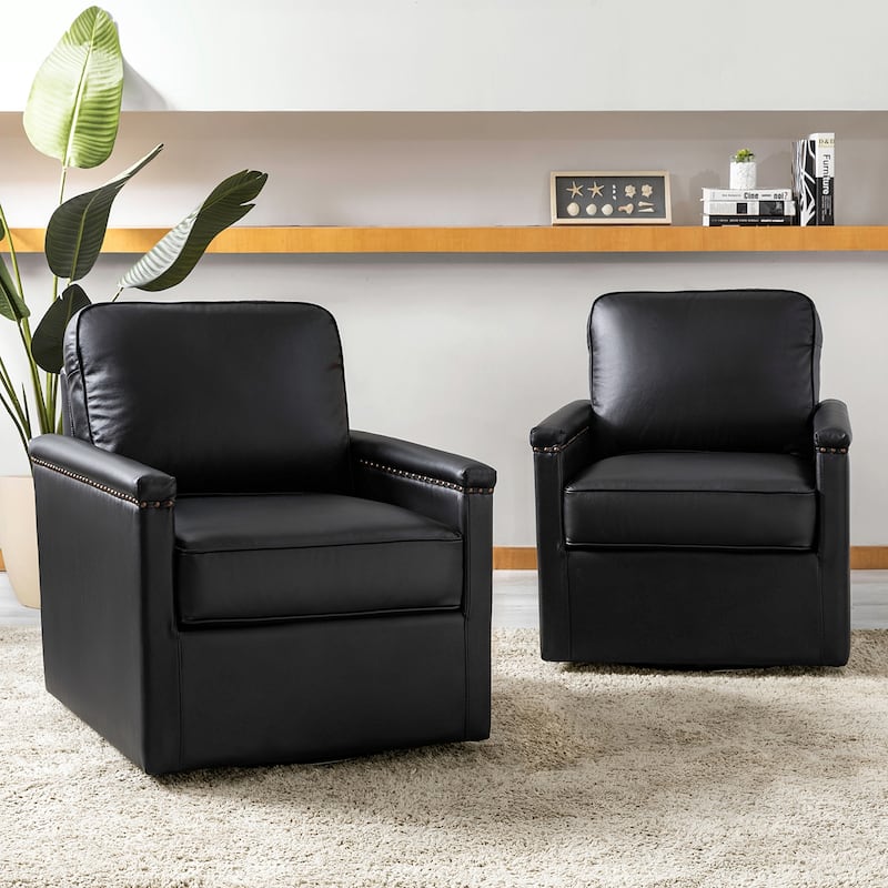 Rita Classic Genuine Leather Swivel Armchair With Nailhead Trims Set Of 2 By HULALA HOME - Black
