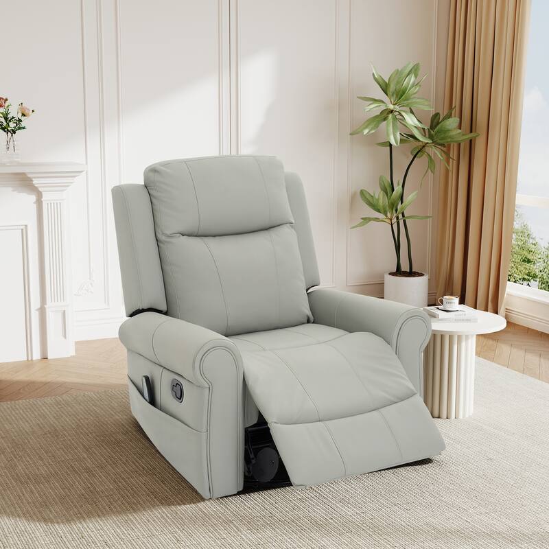 Manual Recliner 270°Swivel Rocker Chair PU Leather Recliner with Massage and Heating, Dual Reclining Positions and Side Pocket - Grey
