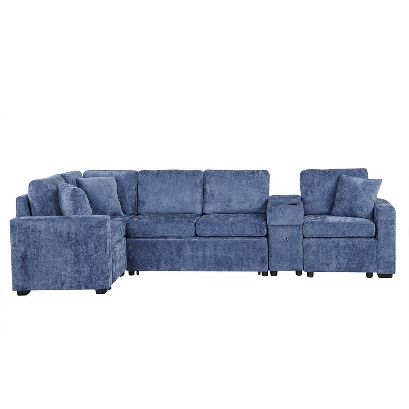 L-Shaped Modular Sectional Sofa with Pull-Out Bed, Chenille Convertible Sleeper Sofa Bed with Cup Holders & Multiple Storage