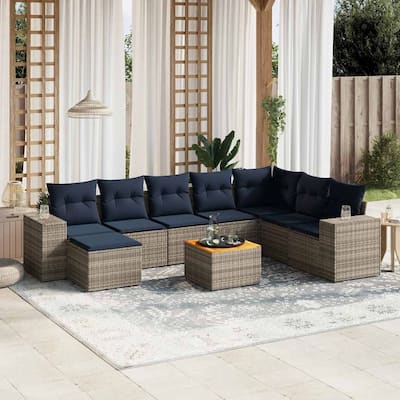 vidaXL 9 Piece Patio Sofa Set with Cushions Gray Poly Rattan - 122x33.5x78.7