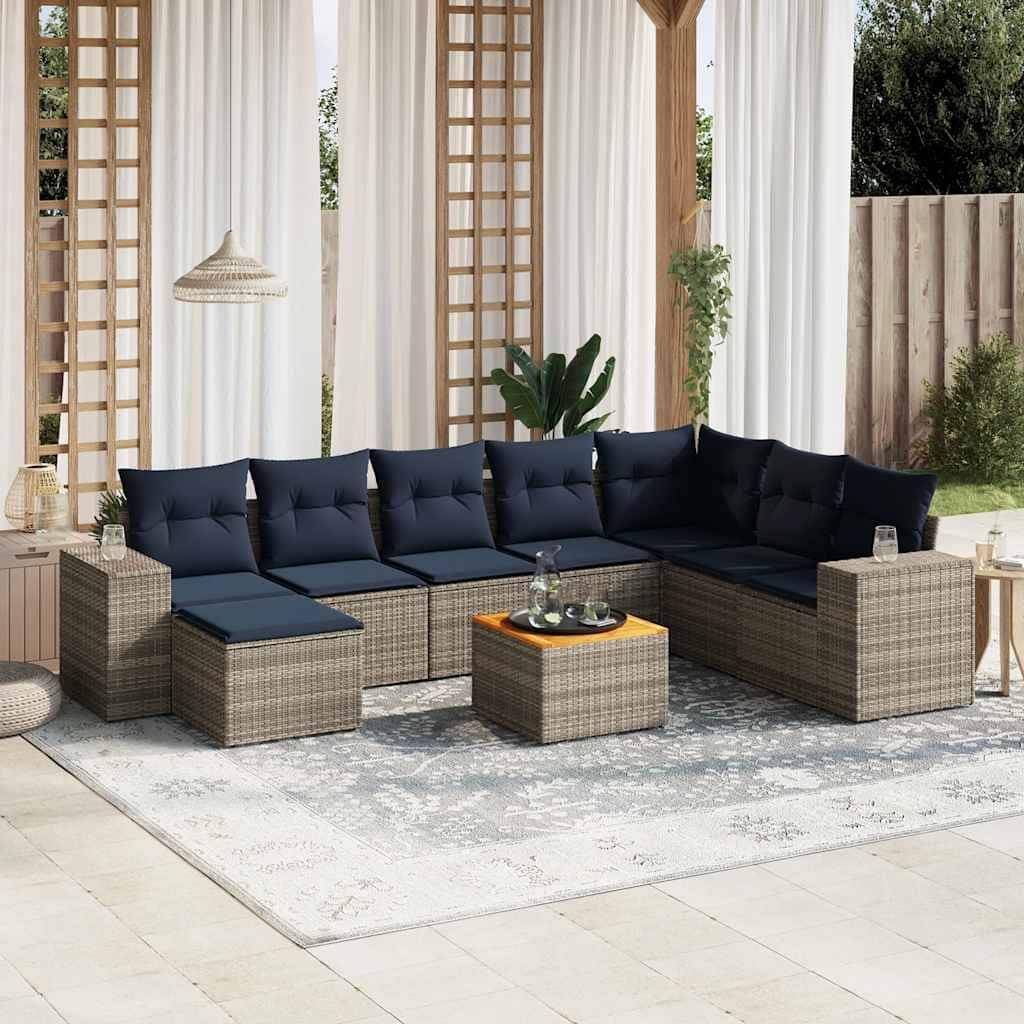 vidaXL 9 Piece Patio Sofa Set with Cushions Gray Poly Rattan - 122x33.5x78.7