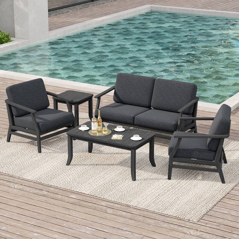 Outdoor Conversation Set Patio Chair, Loveseat with Tables - Dark Wood - Dark Grey