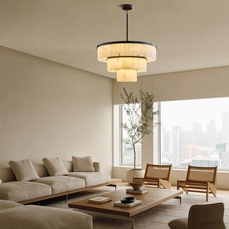 Elegant layered alabaster chandelier with natural stone panels