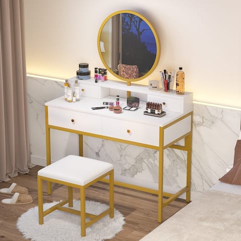 Vanity Makeup Dressing Table,Vanity Stool Set with Round Mirror and 4 Storage Drawers