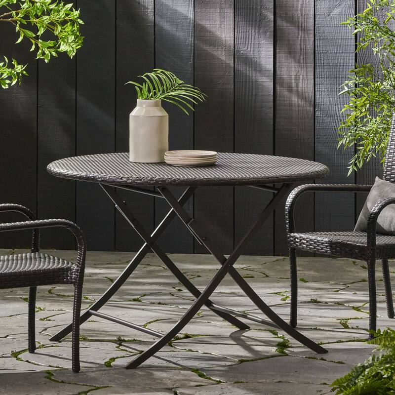 Rattan Round Dining Table Foldable Design Powder Coated Metal Outdoor