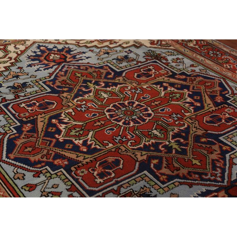 Geometric Heriz Serapi Indian Rug Hand-Knotted Blue Wool Carpet - 7'11"x 9'9"