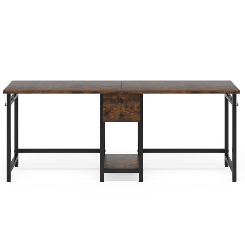 79-Inch Two Person Computer Desk with Drawers and Storage Shelves, Rustic Brown