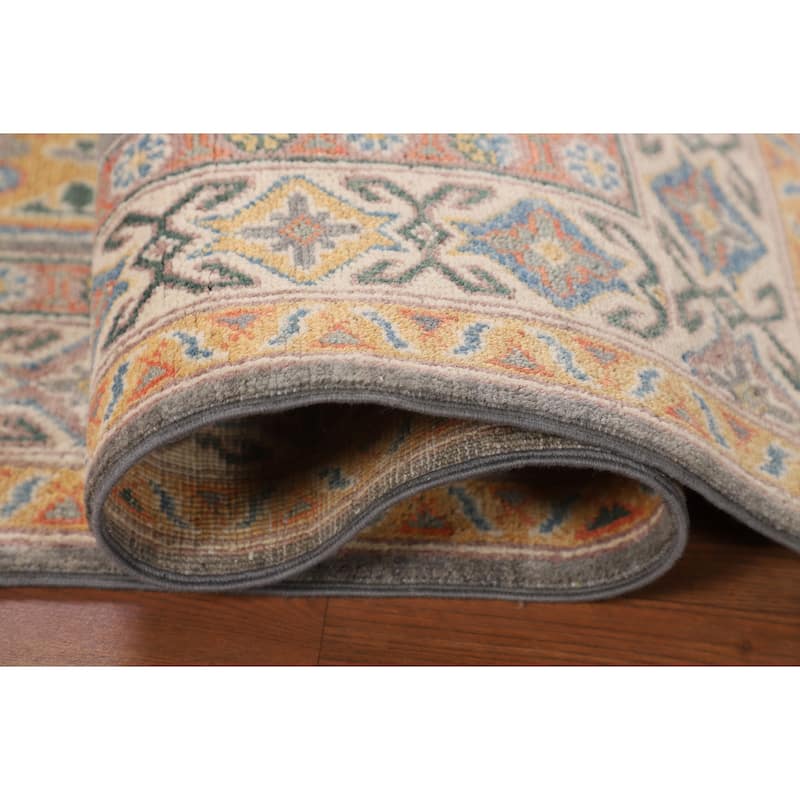 Geometric Grey Kazak Oriental Rug Bedroom Hand-Knotted Wool Carpet - 4'0"x 5'10"
