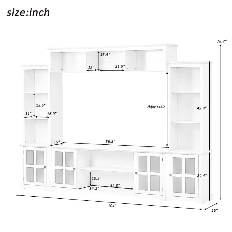 White Entertainment Wall Unit with Bridge, Tempered Glass Doors for TVs Up to 70"