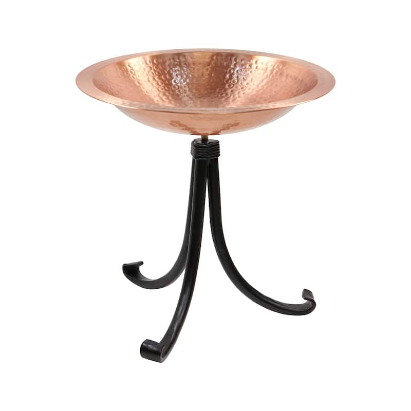 Achla Designs 14"W Round Satin Copper Hammered Solid Birdbath w/ Black Wrought Iron Tripod Stand - Brown