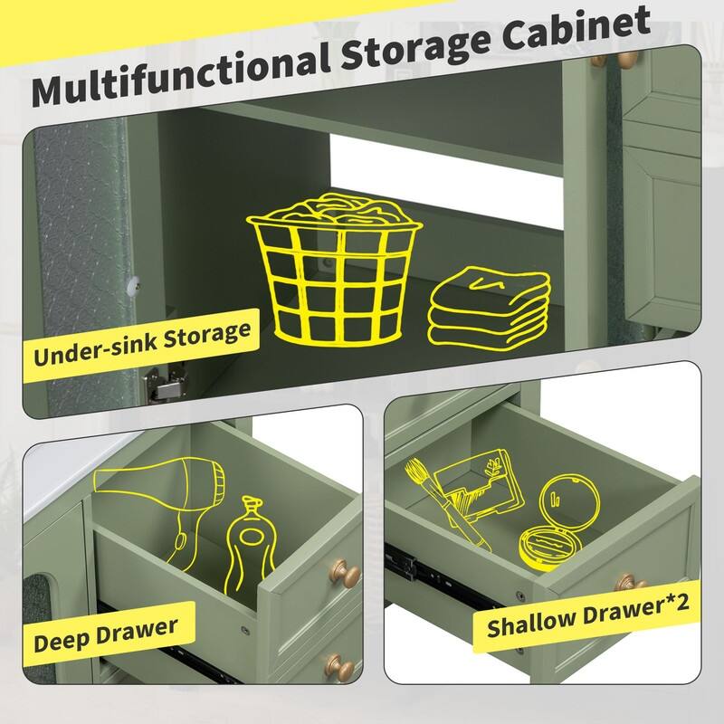 30''/36'' Bathroom Vanity with Sink, 3 Drawers Bathroom Storage Cabinet with Soft-Close Glass Door and Adjustable Shelf