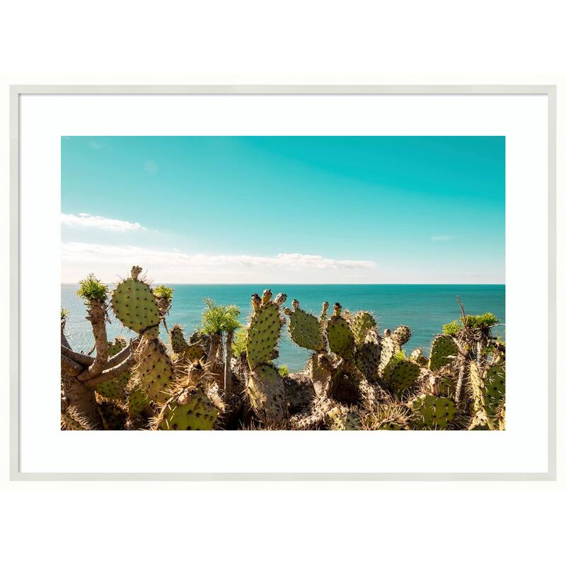 Cactuses Admiring the Ocean by Elena Chukhlebova Wood Framed Wall Art Print - Lucie White