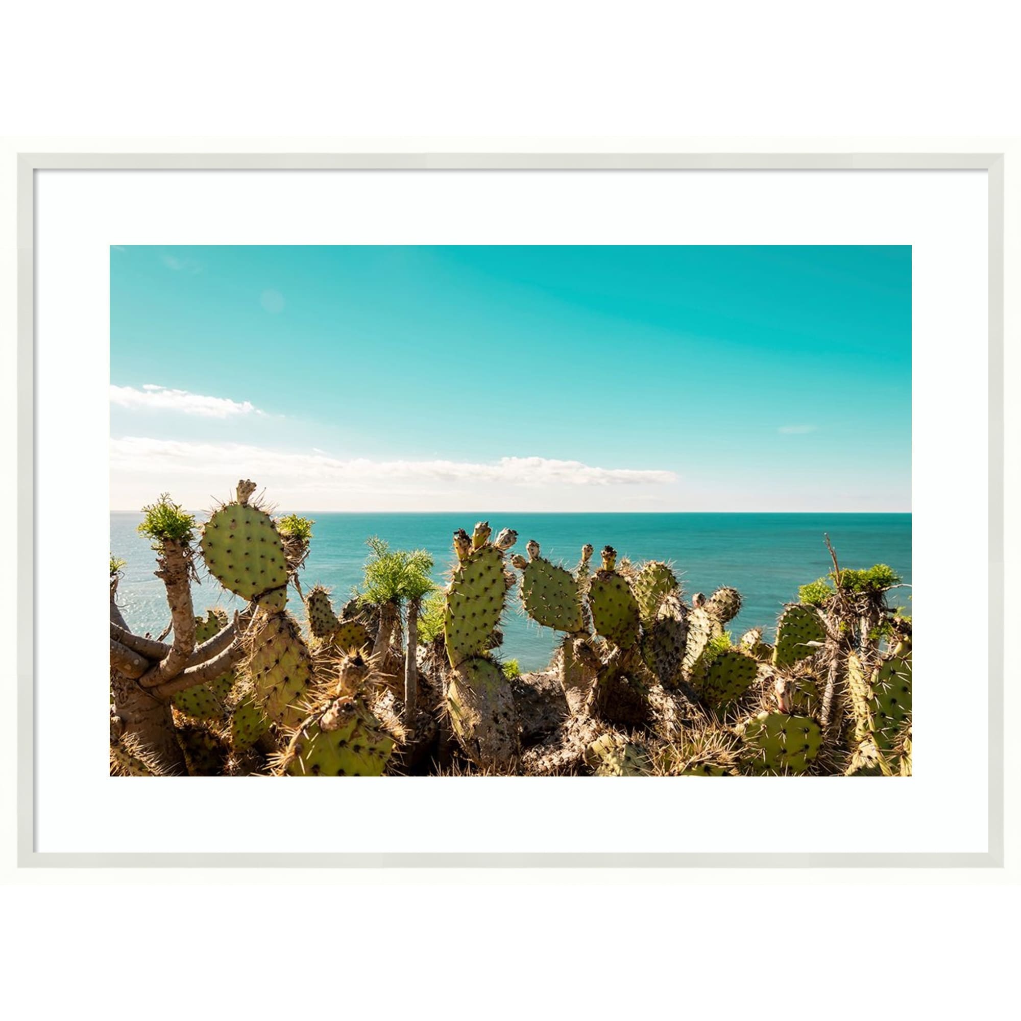 Cactuses Admiring the Ocean by Elena Chukhlebova Wood Framed Wall Art Print - Lucie White