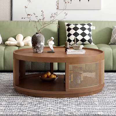 37'' Wooden Mid-Century Modern Round Coffee Table with PE Rattan Side for Living Room
