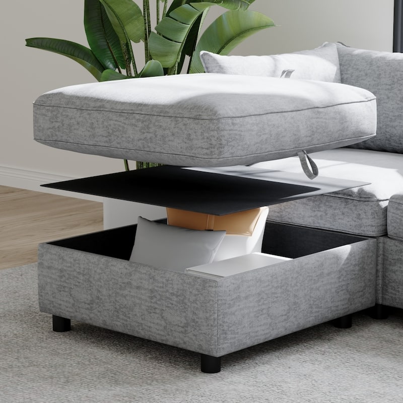 129" Chenille Sectional Sofa with Storage and Two Ottomans