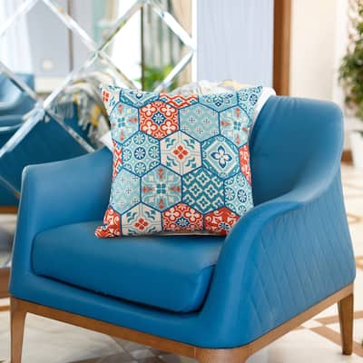 Sevita Handwoven Teal/Orange Patchwork Moroccan Indoor/Outdoor Throw Pillow, 20" x 20"