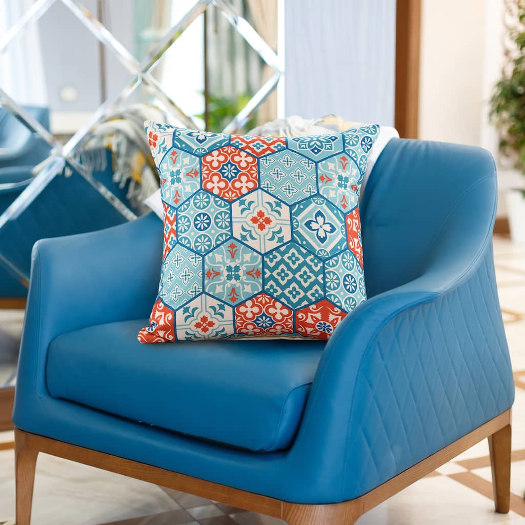 Sevita Handwoven Teal/Orange Patchwork Moroccan Indoor/Outdoor Throw Pillow, 20" x 20"