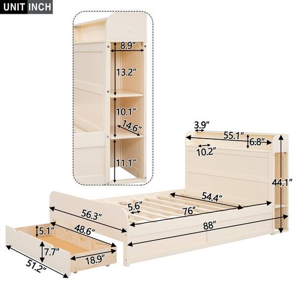 dimension image slide 1 of 2, Full Size Wood Platform Bed with Storage Headboard and a Big Drawer