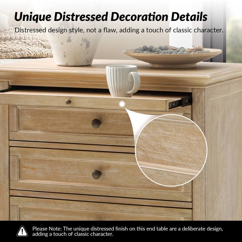 Muriel Farmhouse 3 Drawers End Table with Built-In Outlets nad Pull-out Shelf Set of 2 by HULALA HOME