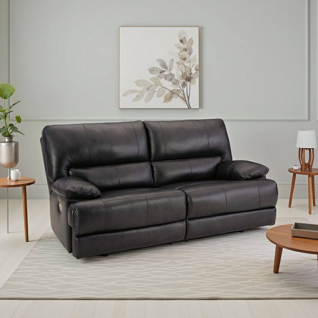 Monto Power Recliner Sofa, Plush Black Real Leather, USB Port, 82 Inch