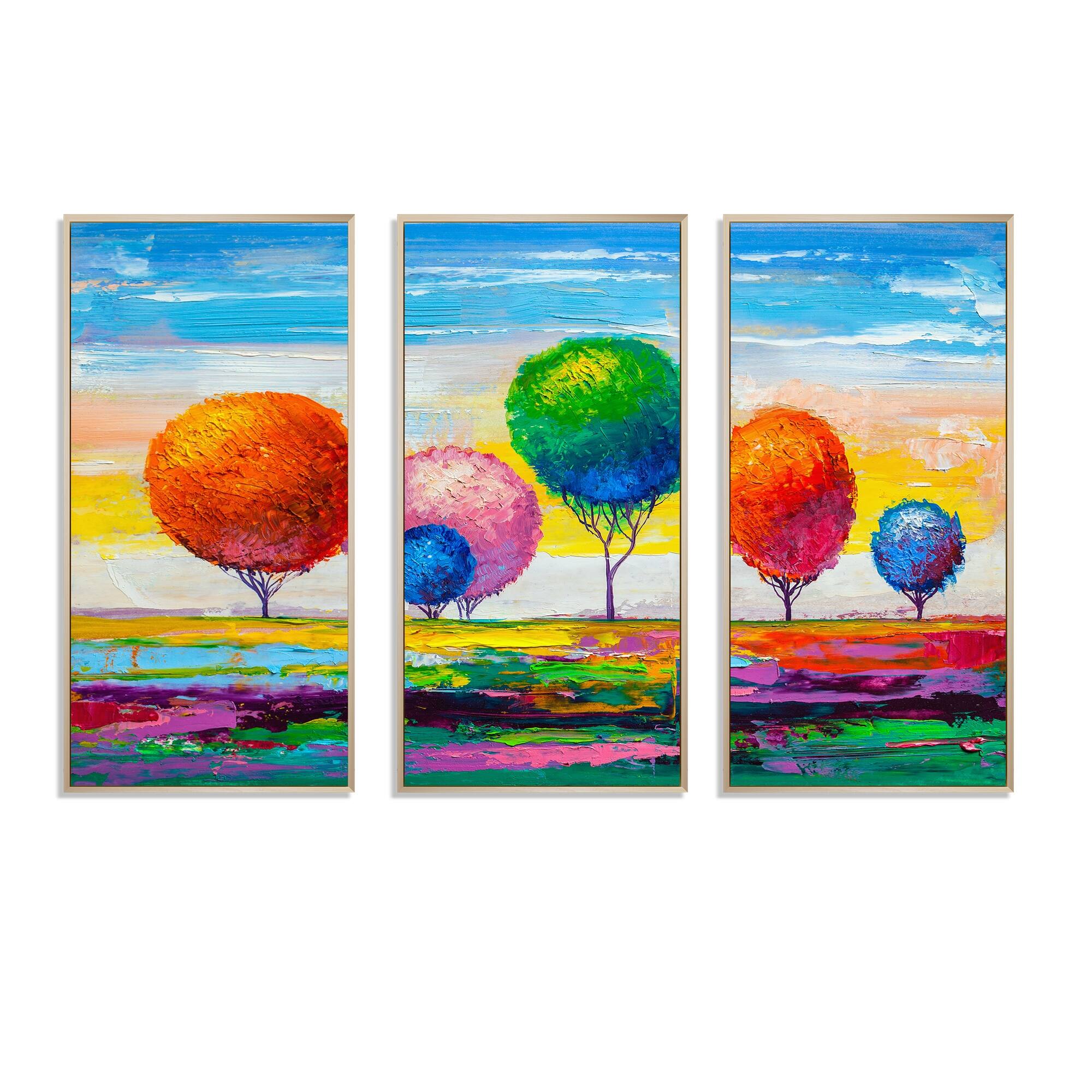 Designart "Colourful Ornamental Trees VI" Modern Framed Wall Decor Set