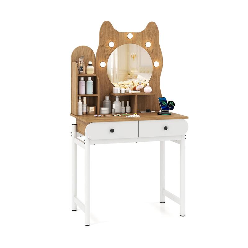 Lighted Vanity Desk with Mirror and Built in Charging Station Makeup Table with Storage Natural White - 31.5" x 19.5" x 59"