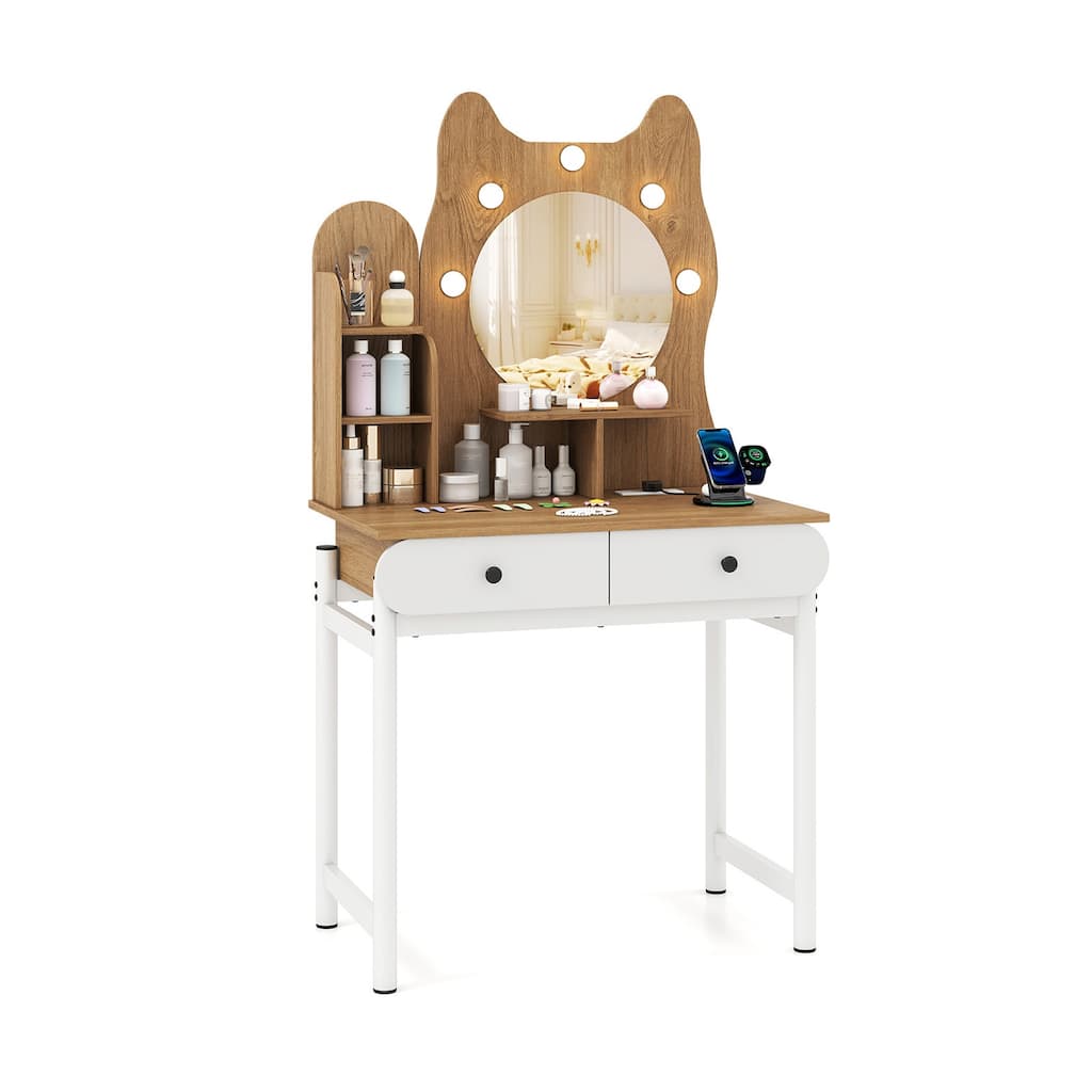 Lighted Vanity Desk with Mirror and Built in Charging Station Makeup Table with Storage Natural White - 31.5" x 19.5" x 59"