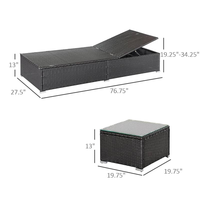 2PCS Adjustable Chaise Lounge, PE Rattan Pool Table Teak Accent