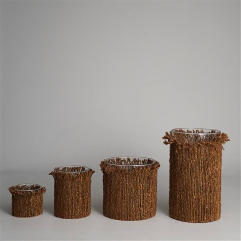 Cylindrical Glass Votive Candle Holder with a Wrap- 3" - Brown