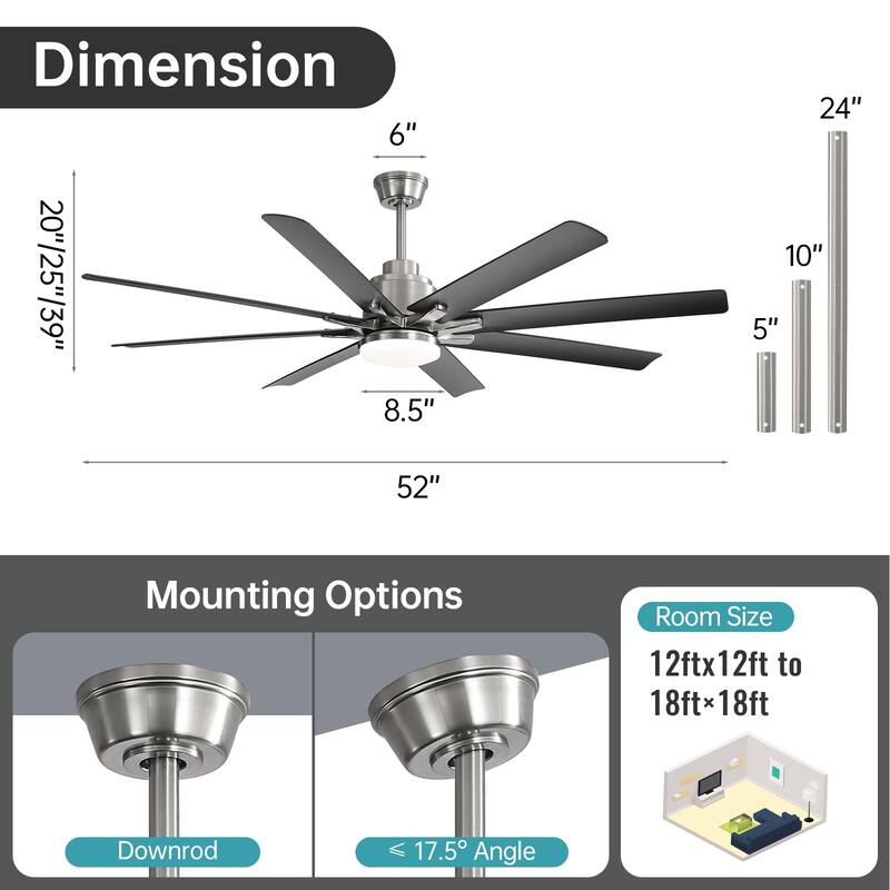 52 Inch/66 Inch/72 Inch Modern Ceiling Fan with Dimmable LED Light ,Remote&APP Control,8 Blades for Large Living Room,Porch