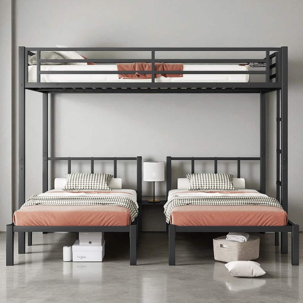 Metal Triple Bunk Bed, Twin Over Twin & Queen, Convertible to 3 Beds with Safety Rails, Ladder, and Shelf